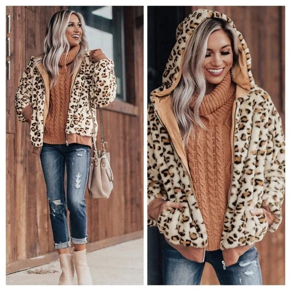 Khaki Cozy Plush Leopard Jacket - Picture 2 of 8
